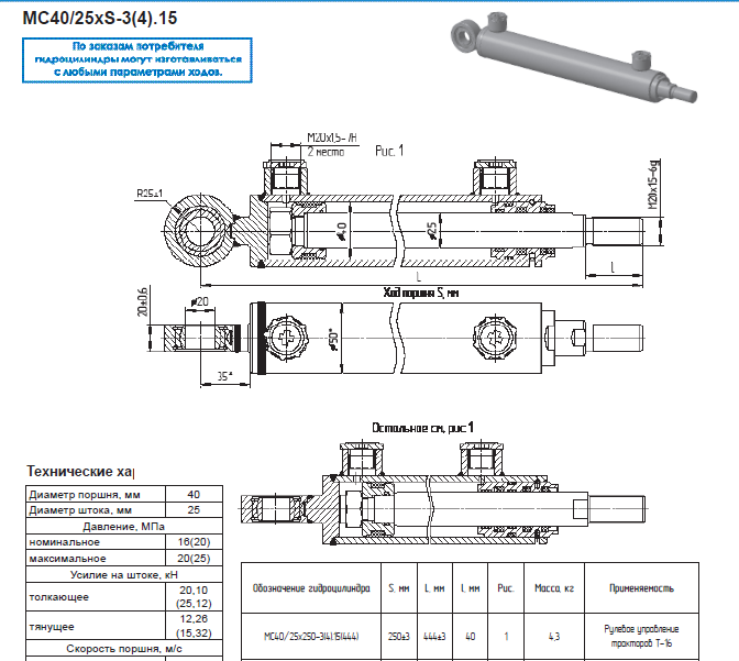 Гидроцилиндр МС 40/25*250-3.15 (444)